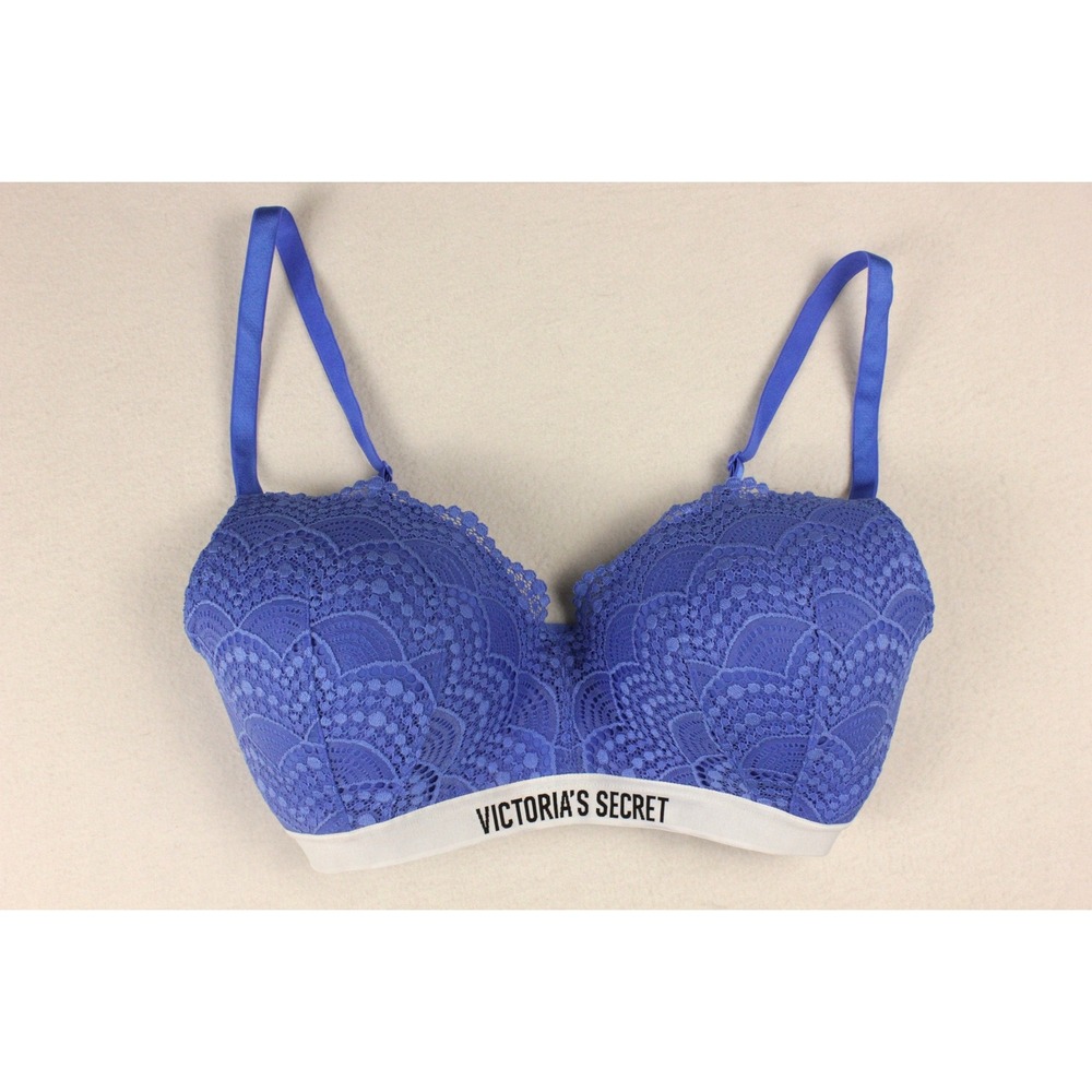 Victoria's Secret Blue Lace Wireless Bra 36DDD Logo Band Lightly Lined Comfort